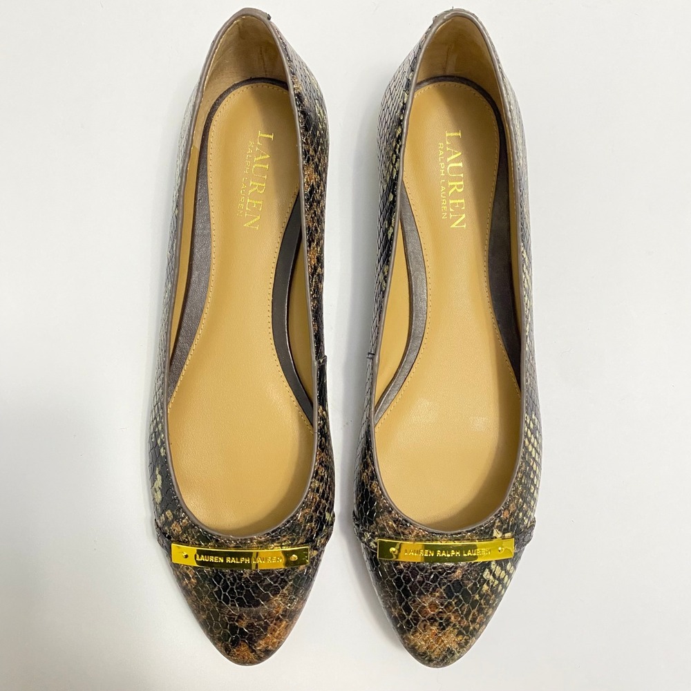 Lauren Ralph Lauren Preppy Snakeskin Flats Womens 9.5 Brown Pointed Toe Logo - Picture 3 of 8